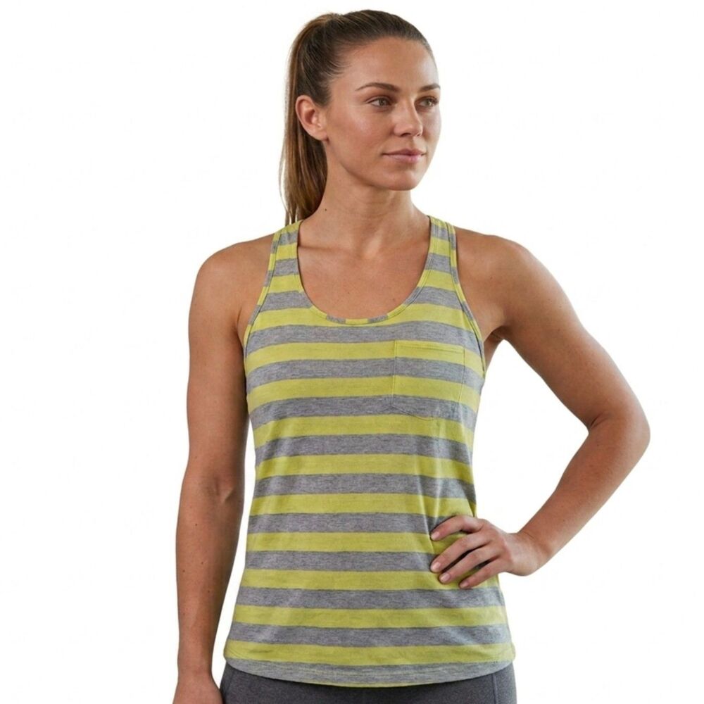 Zine Womens M Yellow Grey Striped Pocket Racerback Tank Top Casual Shirt